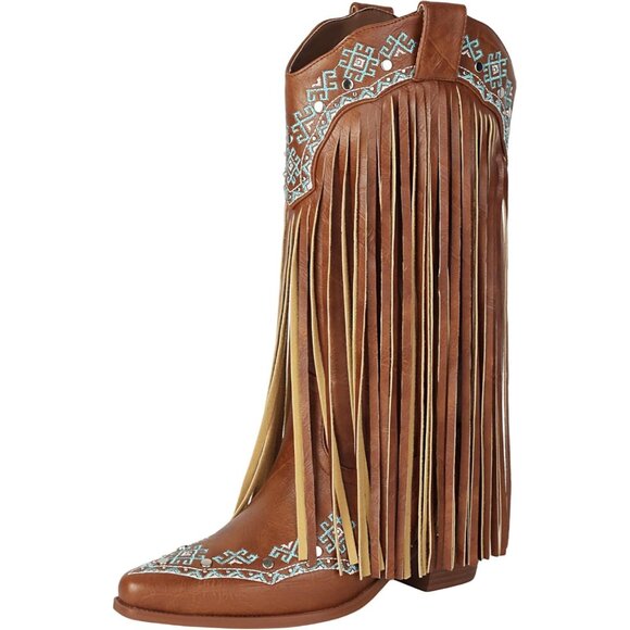 ⚡Women's Brown Snip Toe Cowgirl Mid Calf Boots With Rivets Pull On Chunky Heel - Picture 1 of 6